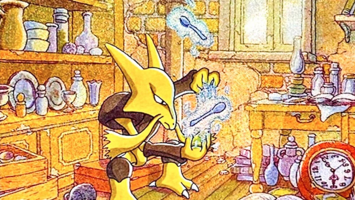 Image of Alakazam ex casting magic on spoons through Alakazam ex SAR 203 SV2a Pokémon Card 151 card