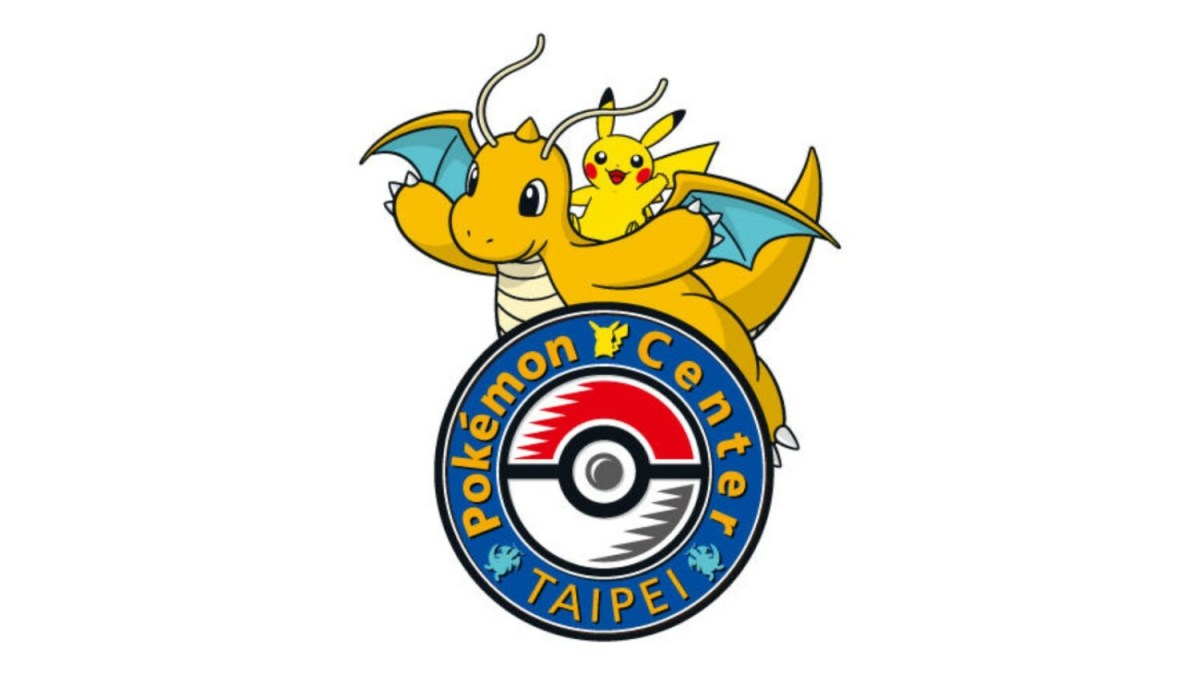 A Pikachu rides a Dragonite behind the new Center's Pokeball logo.