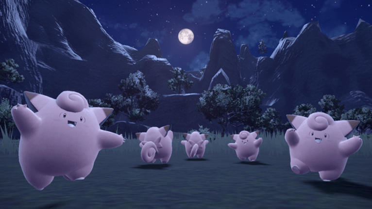 A group of Clefairy gathering under a full moon in Pokémon.