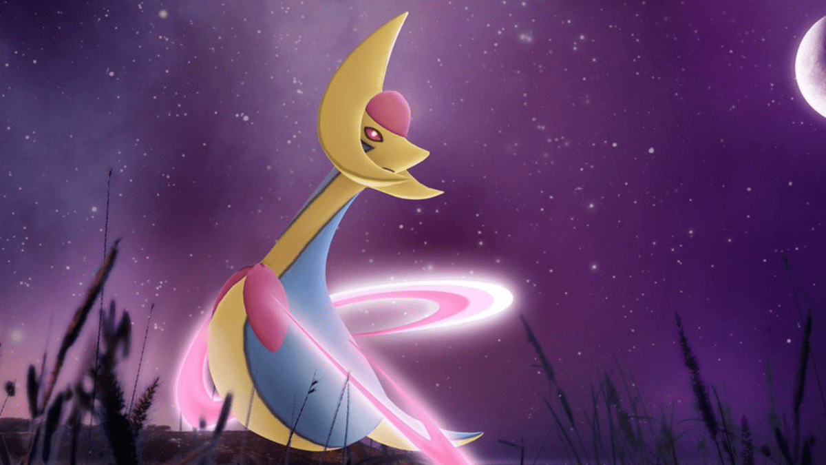 Cresselia and a purple night sky in a Pokémon Go promotional image.