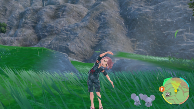 The player doing a heart pose next to a Tandemaus in Pokémon Scarlet and Violet The Teal Mask DLC.