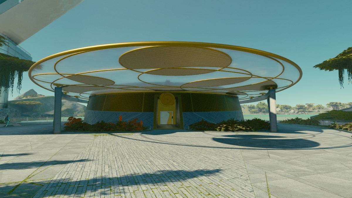 Image of an orange building in New Atlantis City.