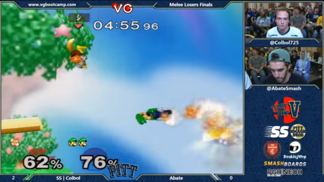 Screenshot of a Smash Bros Melee match between Abate and Colbol. Abate is moments away from victory.