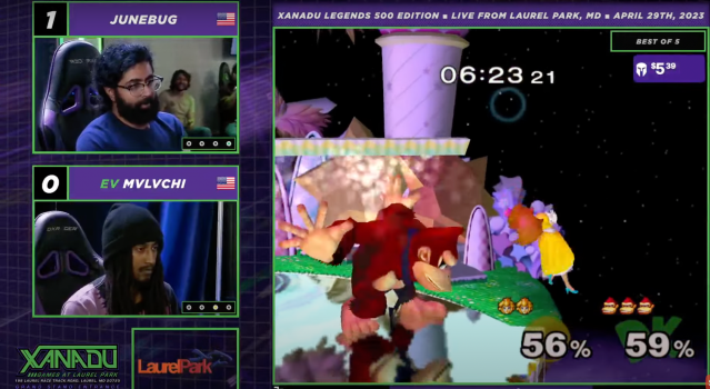 Screenshot of a Smash Bros Melee match between Jungebug and Mvlvchi. Junebug is about to take a stock with a forward smash.