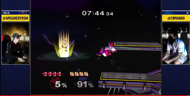 Screenshot of a Smash Bros Melee match between aMSa and Mango. Mango is recovering and aMSa is about to take a stock.