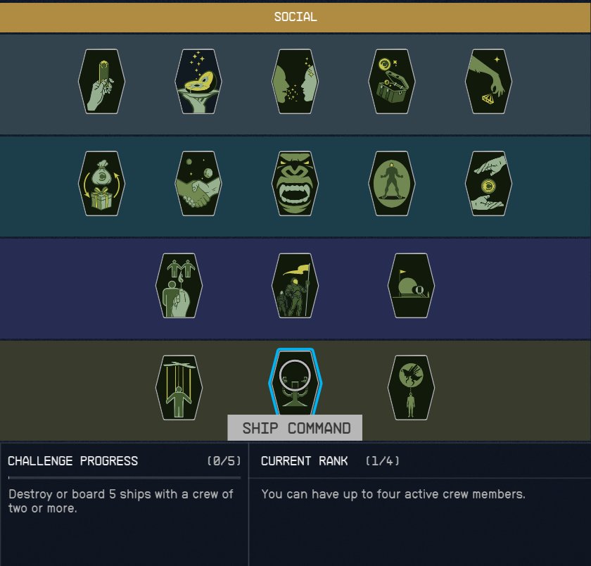 Displays the social skill tree in Starfield. 