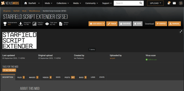 Displays the listing for the Starfield Script Extender mod on Nexus Mods.