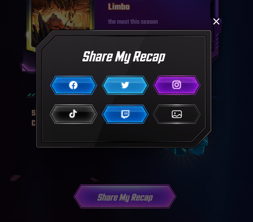 Marvel Snap season recap website, showing the different social media platforms where players can share their stats