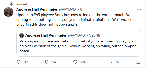 Displays text from a tweet providing information about the Payday 3 Ps5 server issue.