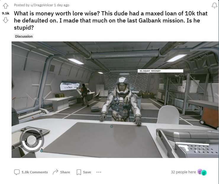 Displays a screenshot from a post regarding Starfield on Reddit.
