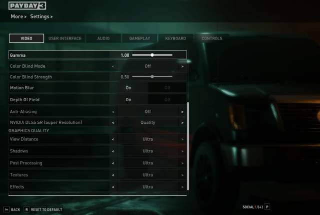 Displays the graphics settings menu in Payday 3.