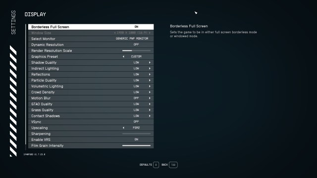 A screenshot of the graphics settings in Starfield