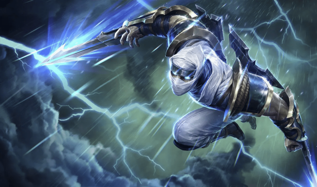 Zed in the rain and storm rushing forward. Shockblade Zed.