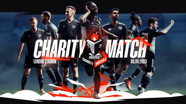 Promotional banner of the 2023 Sidemen Charity Match, which features popular YouTube content creators playing a soccer match.