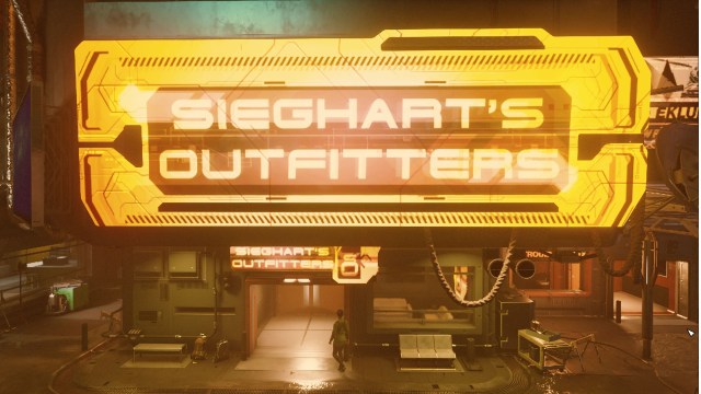 Seighart's Outfitters storefront in Neon City, Volii Alpha. Screenshot by Dot Esports.