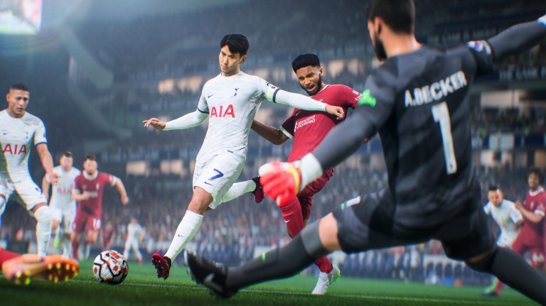 Tottenham forward Son Heung-Min in EA FC scoring in a match against Liverpool.