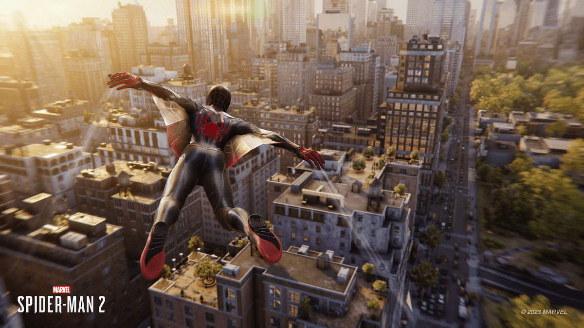 Miles Morales soaring through New York City in Marvel's Spider-Man 2.