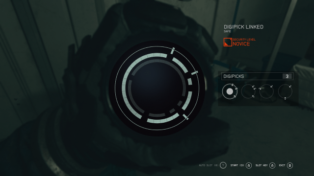 Starfield lockpick puzzle: a circle with gaps in it, digipicks with corresponding nodes poking out of them are beside the larger circle