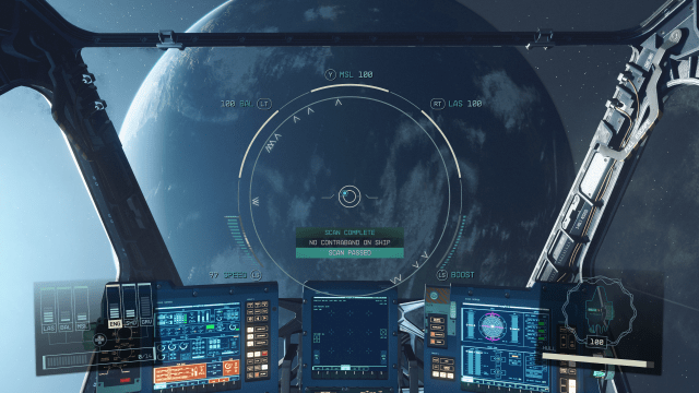 Starfield pilot cock pit first person view, a pop-up says
