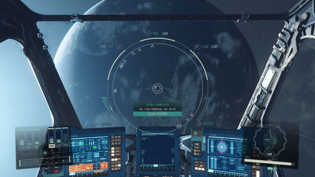 Starfield pilot cock pit first person view, a pop-up says 