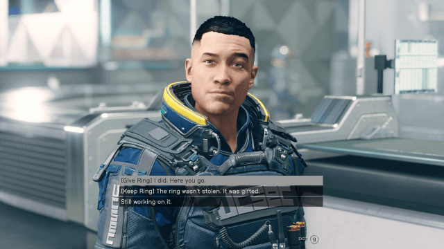 Starfield dialogue options with Yumi which gives the option to give back the ring, keep the ring, or leave