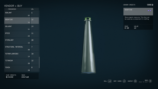 Starfield vendor screen showing the listing for Sedative