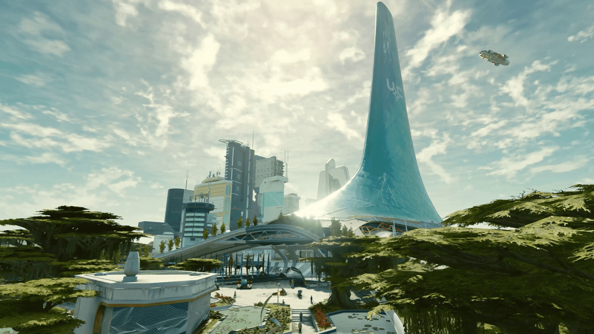 A massive city in Starfield with skyscrapers and flying cars featuring a cloudy backdrop