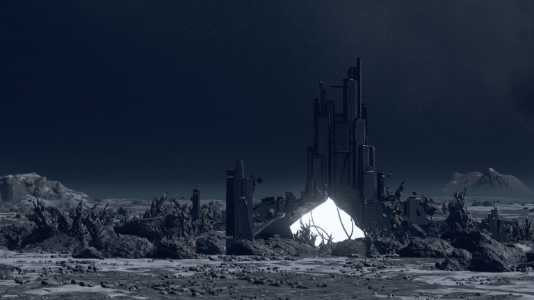 A broken landmark in Starfield, taking on the appearance of a tattered temple or station.