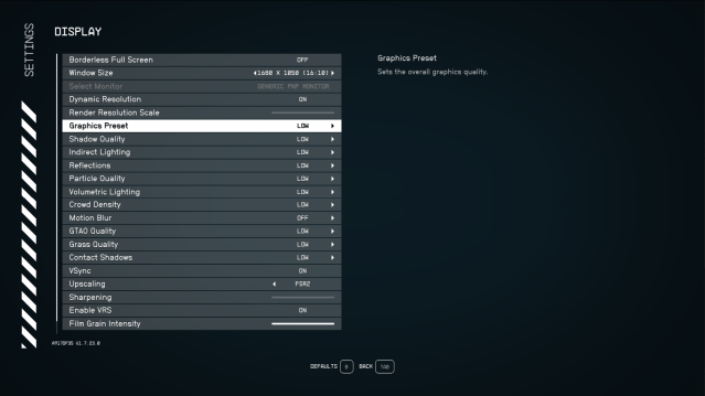 Starfield settings menu with all the settings set to low.