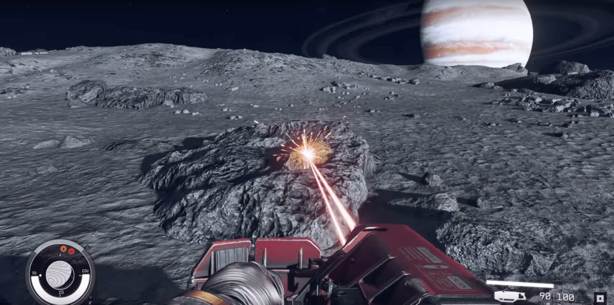 Starfield Moon next to Indum planet with player mining the rocks with their cutter