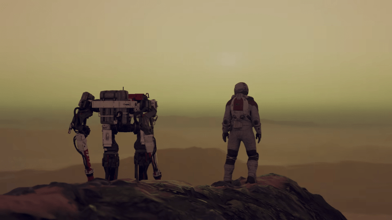 Starfield Vasco and Player standing on a dark planet looking off into the distance