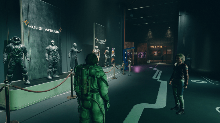 Displays the player character in a museum in New Atlantis in Starfield.