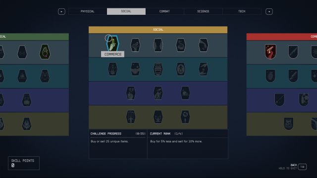 Displays the Social skill tree from the menu in Starfield.