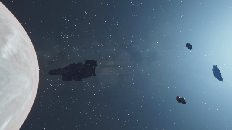 Displays a ship in space in Starfield.