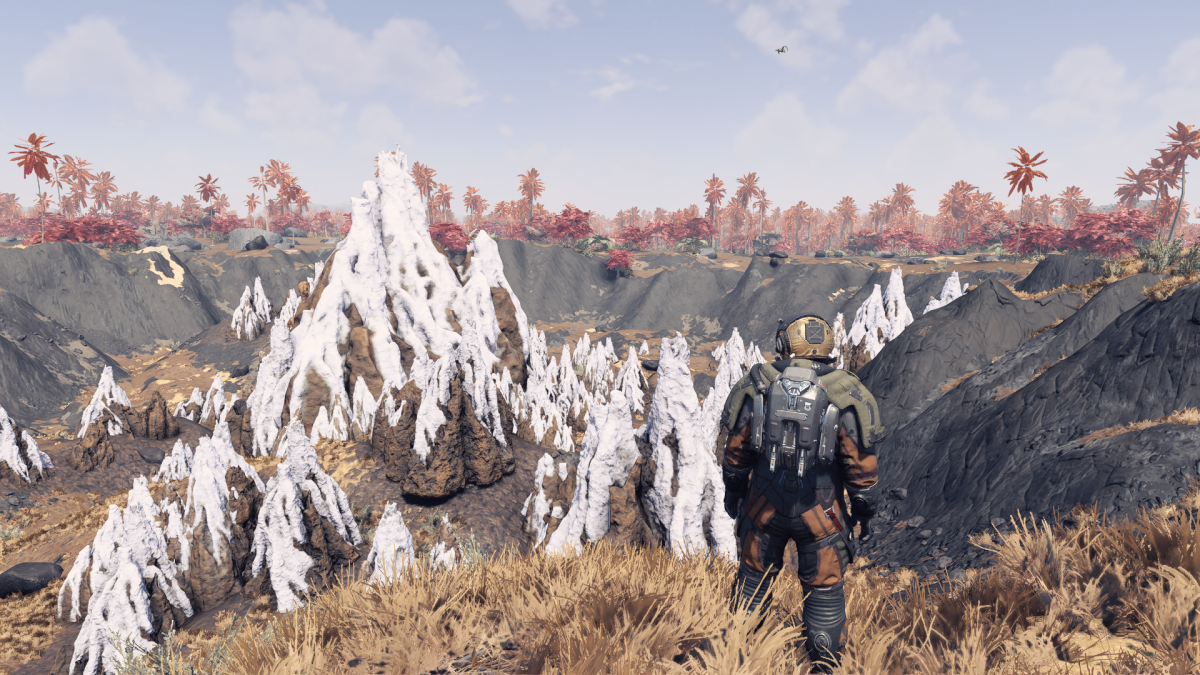 Displays the player character exploring an unknown planet in Starfield.
