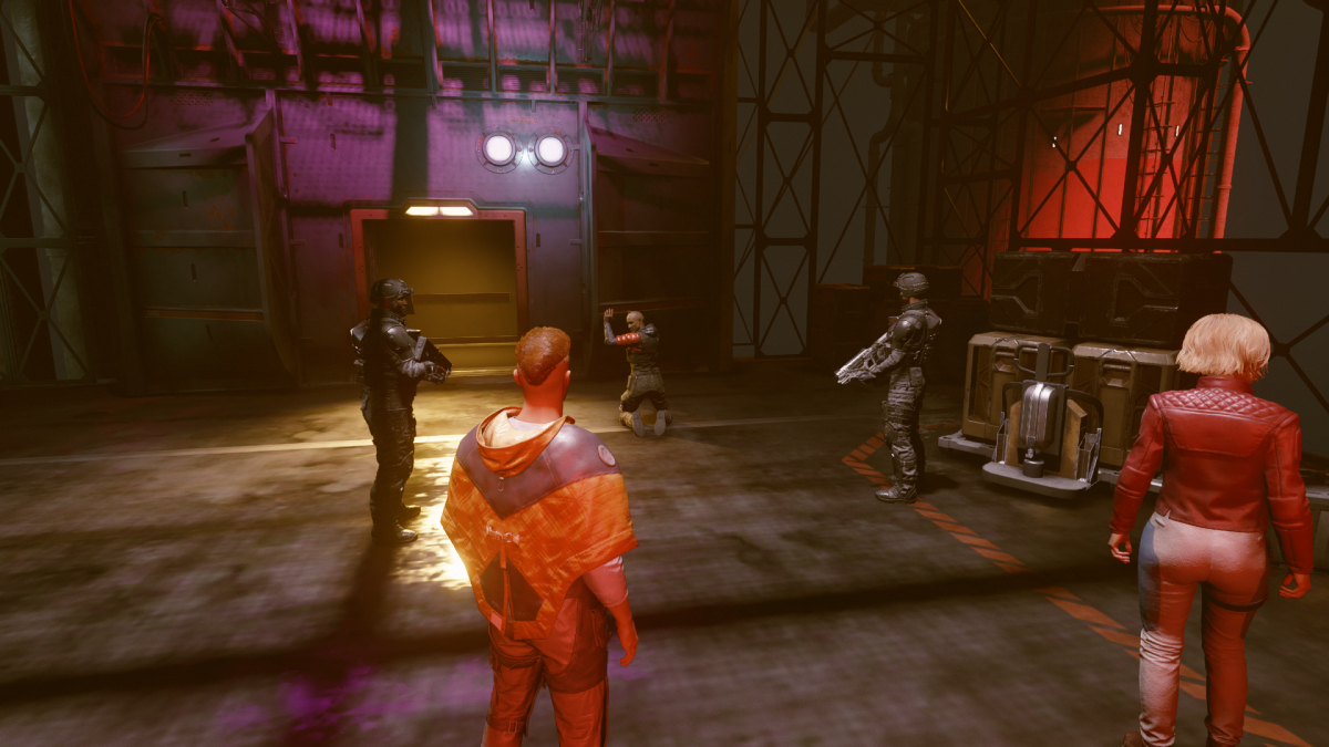 Displays Neshar being arrested outside of Neon City in Starfield