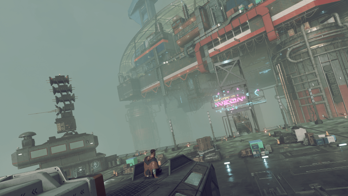 Displays a character sitting down on top of their ship in the Neon City docking area.