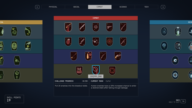 Displays the combat skill tree in Starfield.