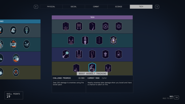 Displays the Tech Skill Tree from the Starfield Skill Menu.