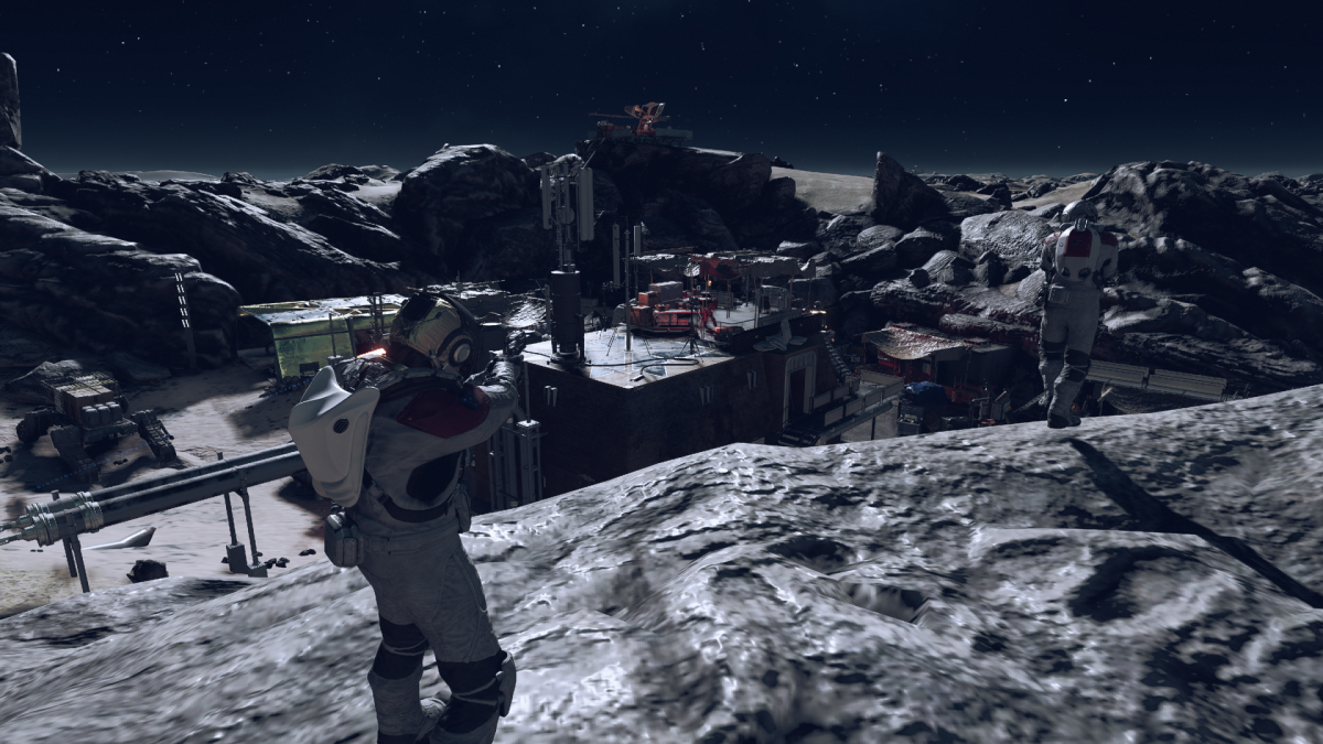 Displays a character exploring a moon in Starfield.