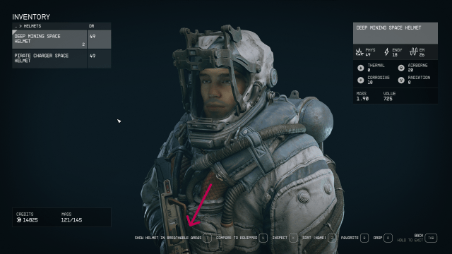 Displays the helmets menu tab in Starfield with the option Hide Helmets highlighted.