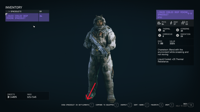 Displays the Spacesuits tab in Starfield with the option Hide Spacesuits highlighted.