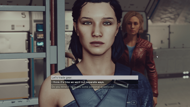 Displays the dialogue menu with Andreja, a companion in Starfield.