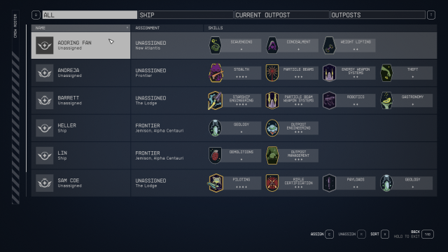 Displays the Crew menu in Starfield.