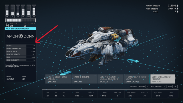 Highlights the reactor class indicator in Starfield's ship builder menu.