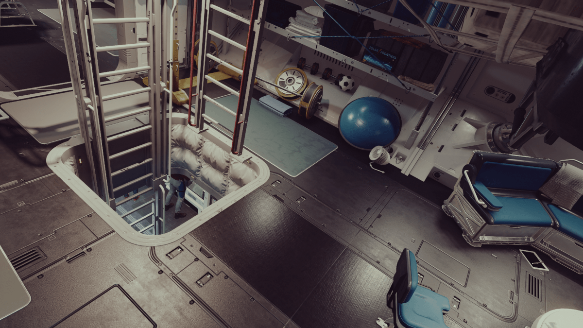 Displays a ladder in a ship Habitat Module in Starfield.