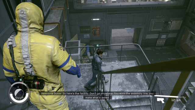 A player wearing a yellow hazmat suit walks down a staircase in an Aurora factory on Neon in Starfield.