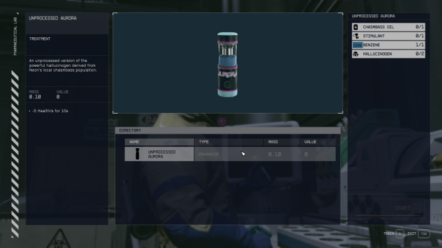 Displays the menu option to create Unprocessed Aurora in Starfield.