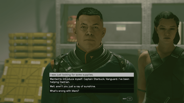 Displays dialogue options with lieutenant Azecedo in Red Devil HQ (Starfield).