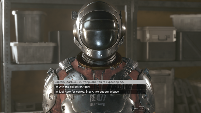 Displays dialogue options with the Forward Base Commander in Starfield.